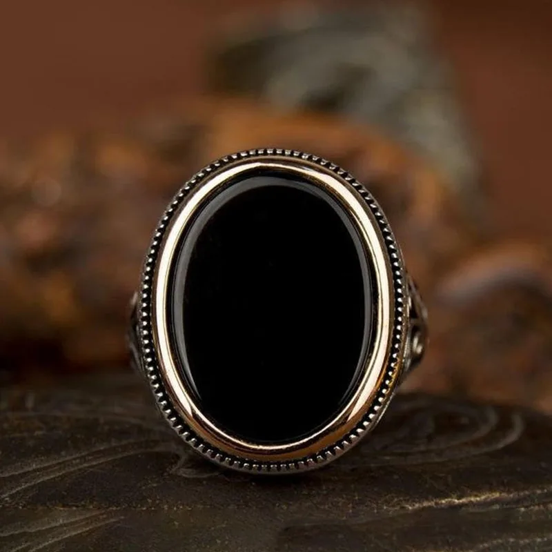 Steampunk Unikali Sidabro Padengtą Žiedas Vintage Black Ovalo formos Akmens Žiedai Vyrams, Išraižytas Modelio Dizainas bižuterijos Naujas 2