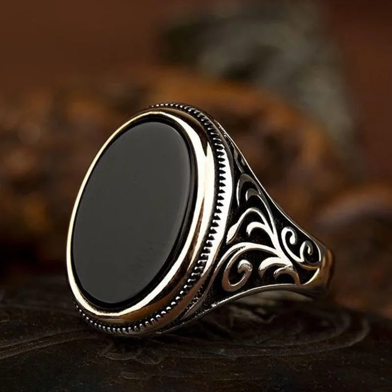 Steampunk Unikali Sidabro Padengtą Žiedas Vintage Black Ovalo formos Akmens Žiedai Vyrams, Išraižytas Modelio Dizainas bižuterijos Naujas 3