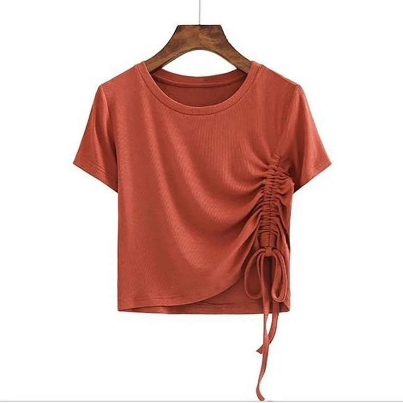 Moterys, O-Kaklo Viršūnes 2021 M. Vasarą Naujas Trumpas Rankovėmis marškinėliai Moteriška korėjos Stiliaus Kietas Lankas Medvilnės Slim Tees Raišteliu Trumpą T Shirts 1