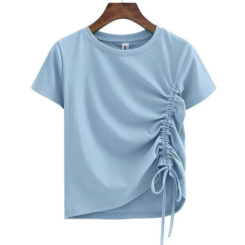 Moterys, O-Kaklo Viršūnes 2021 M. Vasarą Naujas Trumpas Rankovėmis marškinėliai Moteriška korėjos Stiliaus Kietas Lankas Medvilnės Slim Tees Raišteliu Trumpą T Shirts 2