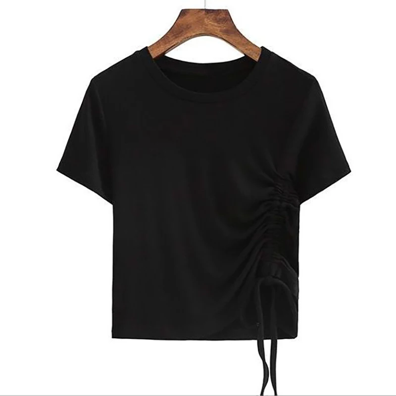Moterys, O-Kaklo Viršūnes 2021 M. Vasarą Naujas Trumpas Rankovėmis marškinėliai Moteriška korėjos Stiliaus Kietas Lankas Medvilnės Slim Tees Raišteliu Trumpą T Shirts 3
