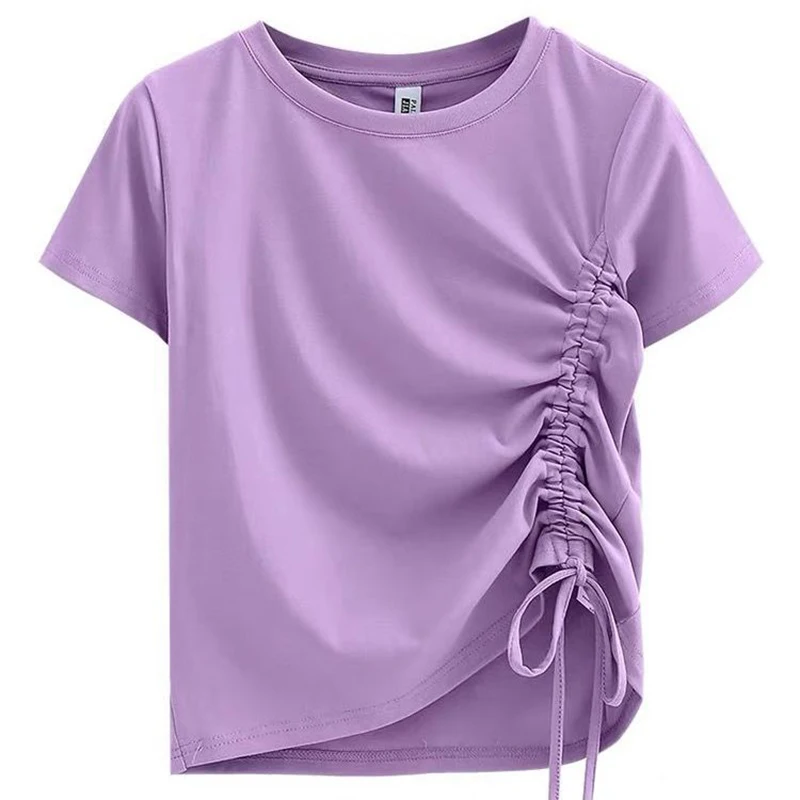Moterys, O-Kaklo Viršūnes 2021 M. Vasarą Naujas Trumpas Rankovėmis marškinėliai Moteriška korėjos Stiliaus Kietas Lankas Medvilnės Slim Tees Raišteliu Trumpą T Shirts 4
