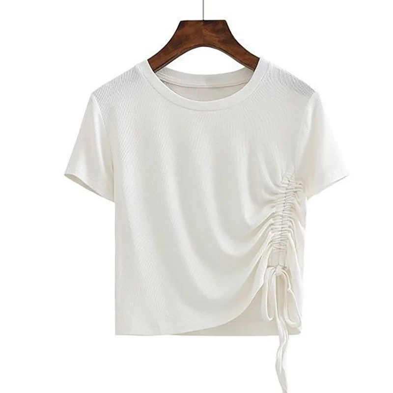 Moterys, O-Kaklo Viršūnes 2021 M. Vasarą Naujas Trumpas Rankovėmis marškinėliai Moteriška korėjos Stiliaus Kietas Lankas Medvilnės Slim Tees Raišteliu Trumpą T Shirts 5