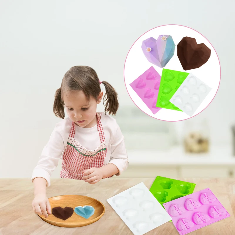 6 Ertmės Diamond Meilė Širdies Silikono Torto Formos 3D Minkštas Putėsiai Šokolado Desertas Kepimo Formą Virtuvės Reikmenys, Maisto Klasės, 3