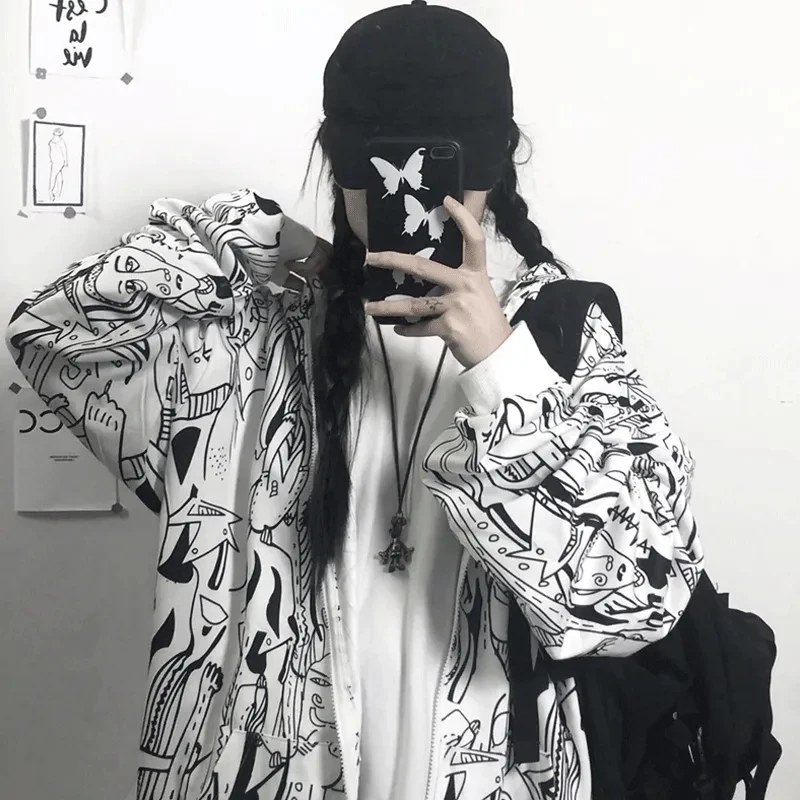 Laisvas Hip-Hop Palaidinukė Punk striukė drabužius bliuzono derliaus Kawaii Harajuku Streetwear Megztinis su užtrauktuku grafiti spausdinti palaidinukė 1