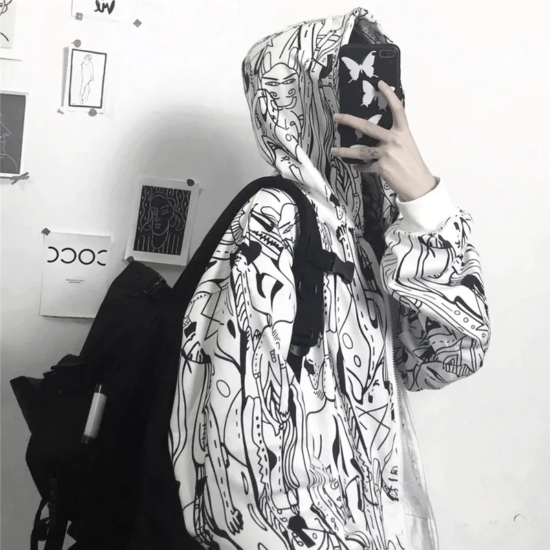 Laisvas Hip-Hop Palaidinukė Punk striukė drabužius bliuzono derliaus Kawaii Harajuku Streetwear Megztinis su užtrauktuku grafiti spausdinti palaidinukė 2