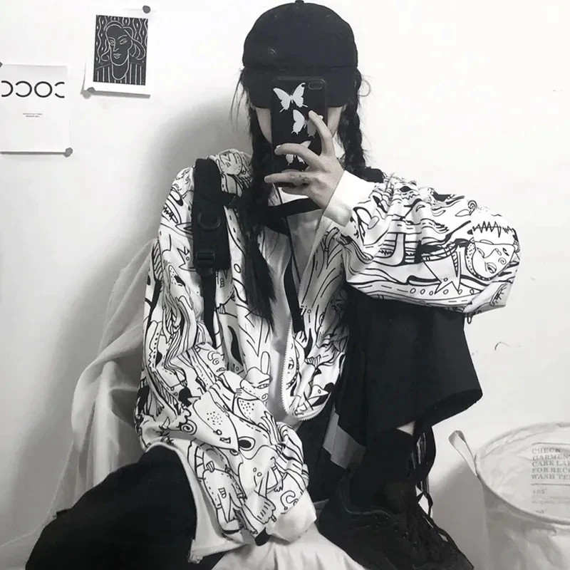 Laisvas Hip-Hop Palaidinukė Punk striukė drabužius bliuzono derliaus Kawaii Harajuku Streetwear Megztinis su užtrauktuku grafiti spausdinti palaidinukė 3