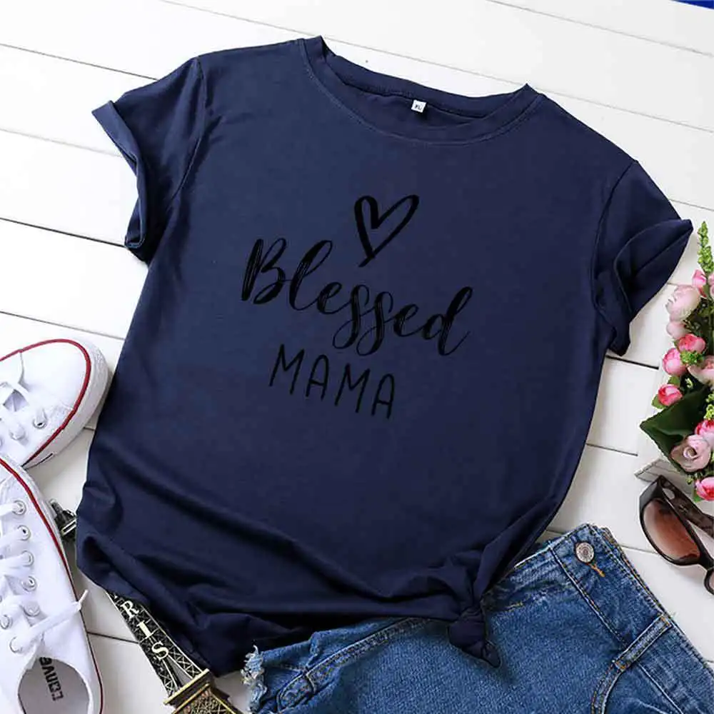Juoda Palaimino MAMA Laiškas Spausdinti Marškinėlius Moterų-Motinos Diena Drabužių Priedai Atsitiktinis Trumpas Rankovėmis marškinėliai Poliesteris 2021 0