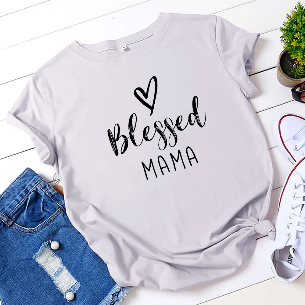 Juoda Palaimino MAMA Laiškas Spausdinti Marškinėlius Moterų-Motinos Diena Drabužių Priedai Atsitiktinis Trumpas Rankovėmis marškinėliai Poliesteris 2021 1