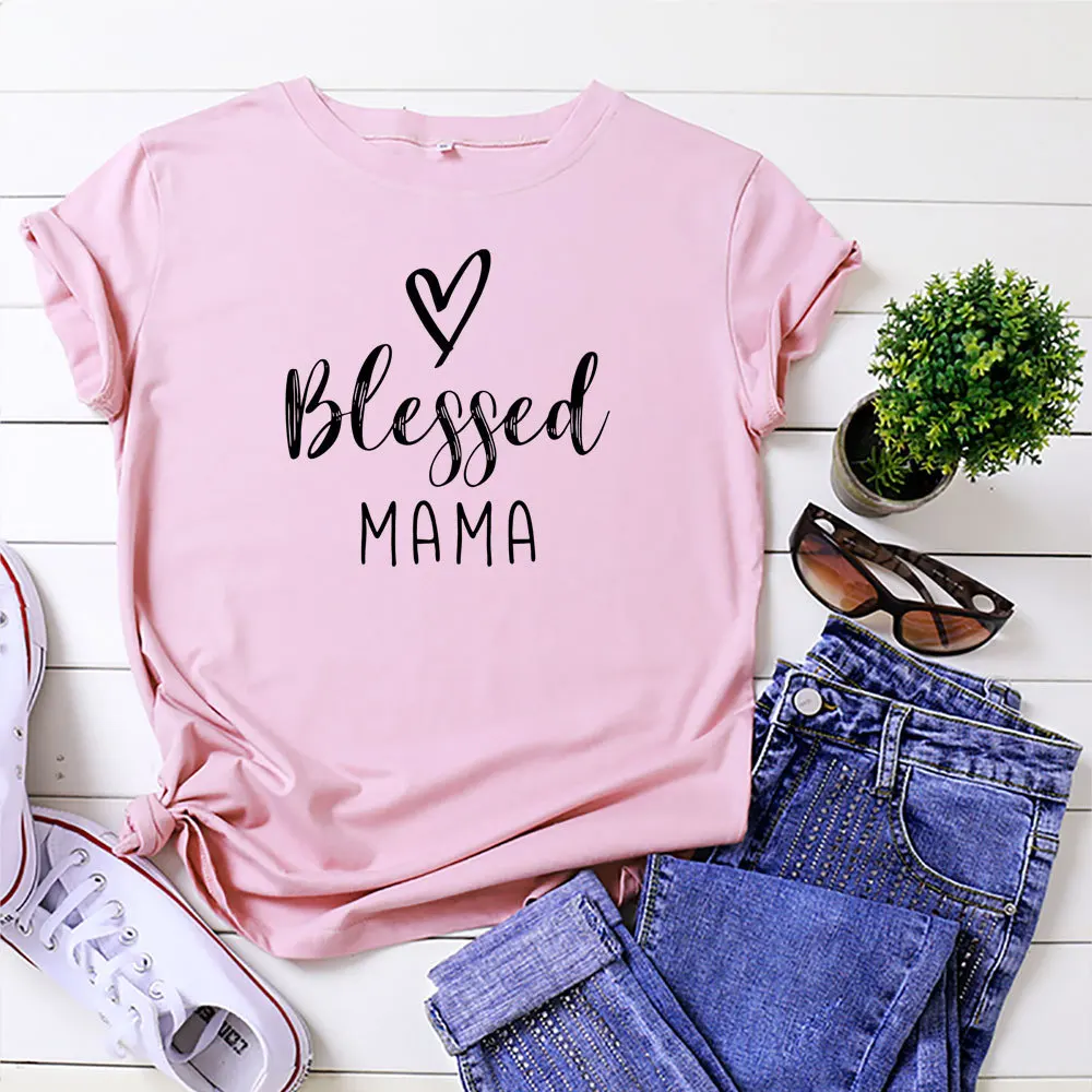 Juoda Palaimino MAMA Laiškas Spausdinti Marškinėlius Moterų-Motinos Diena Drabužių Priedai Atsitiktinis Trumpas Rankovėmis marškinėliai Poliesteris 2021 2