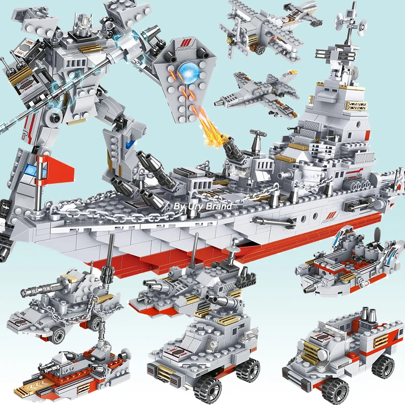 1000PCS WW2 Kariuomenės Kūrėjas Serijos Armijos Mūšis Cruiser Modernus Karo laivas Kovotojas Robotas Bakas Blokai Žaislai Berniukams Dovana 26in1 2