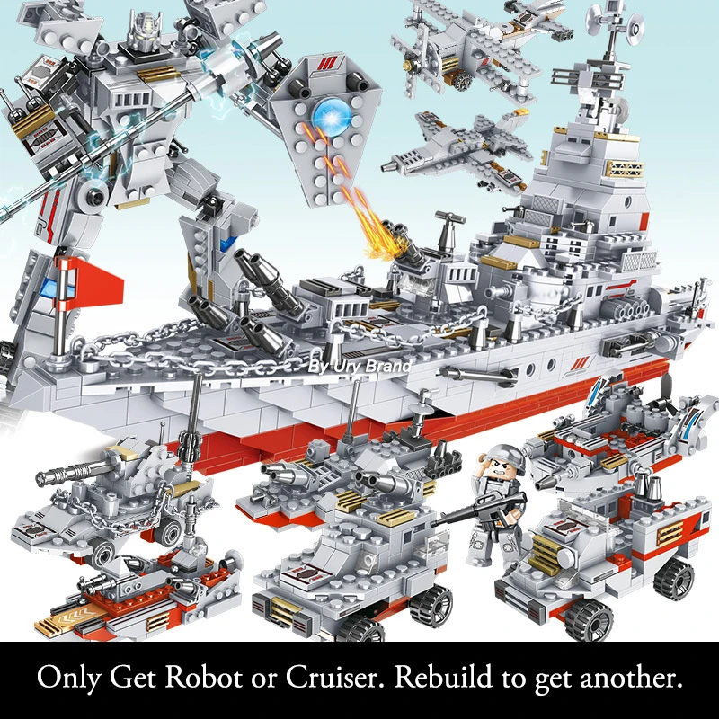 1000PCS WW2 Kariuomenės Kūrėjas Serijos Armijos Mūšis Cruiser Modernus Karo laivas Kovotojas Robotas Bakas Blokai Žaislai Berniukams Dovana 26in1 4