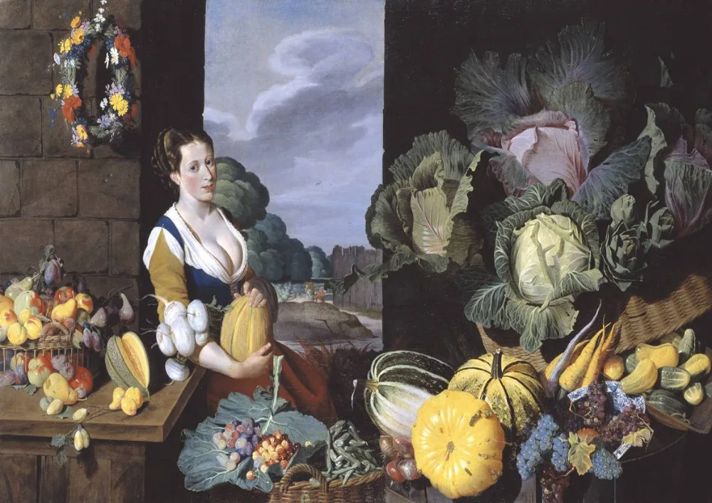 Seras Natanielius Bacon: Cookmaid su Dar Gyvenimo, Daržovių ir Vaisių ŠILKO PLAKATAS Dekoratyvinis dažymas 24x36inch 1
