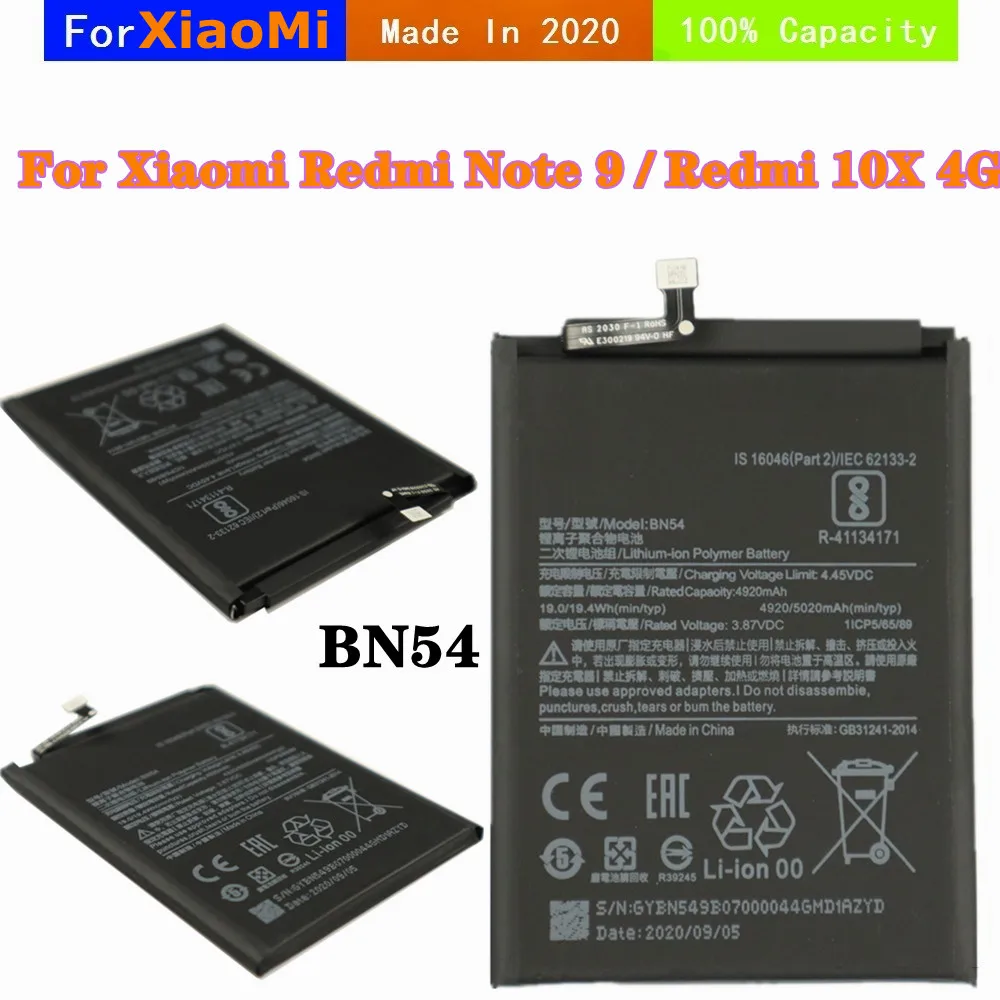 Už Xiao Mi Telefono Baterija Xiaomi Redmi 9 Pastaba / Redmi 10X 4G Baterijos BN54 5020mAh Ličio-jonų Polimerų Baterija 4
